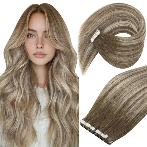 Vista 24 de Ve Sunny Extensiones de cabello humano real con cinta, cabello humano Remy, lacio, doble cara, color marrón oscuro, balayage, rubio dorado oscuro