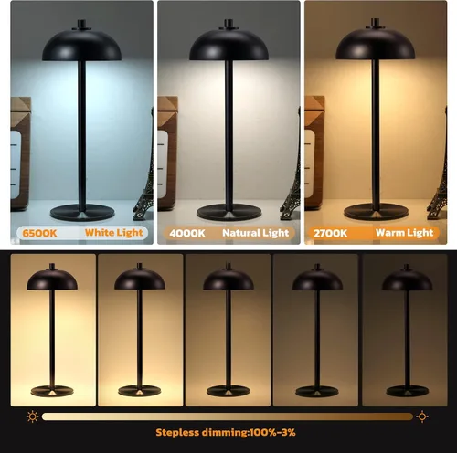 Vista 2 de Paquete de 2 lámparas de mesa inalámbricas recargables – Lámpara de mesa con batería de 5000 mAh, luz de mesa LED de atenuación continua de 3 Negro-2