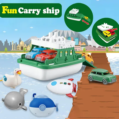 Vista 2 de Barco Ferry con 4 Coches y 4 Juguetes de Baño de Cuerda, Juguete de Baño para Niños Vehículo Flotante Ballenas Submarinos Cisnes Cohetes, Conjunto