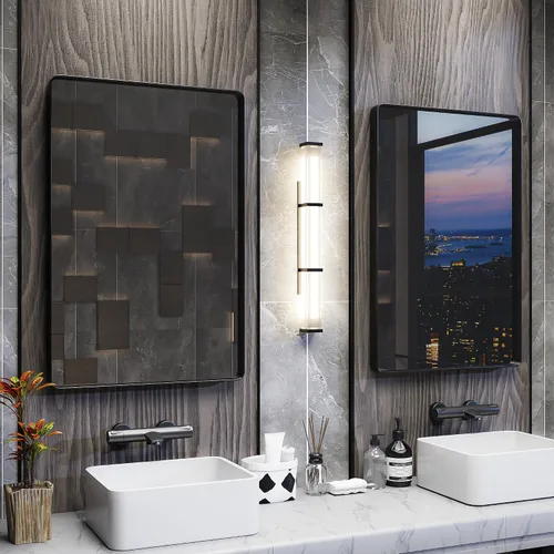 Vista 6 de ISKM Espejo con marco negro para pared de 20 x 16 pulgadas, espejo de tocador de baño antioxidante, vidrio templado, espejo rectangular redondeado