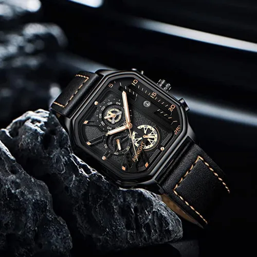 Vista 3 de BY BENYAR AKNIGHT Men's Square Watches with Black Leather Strap, Chronograph Function, Stylish Business Watch, Waterproof Luminous Casual Wrist