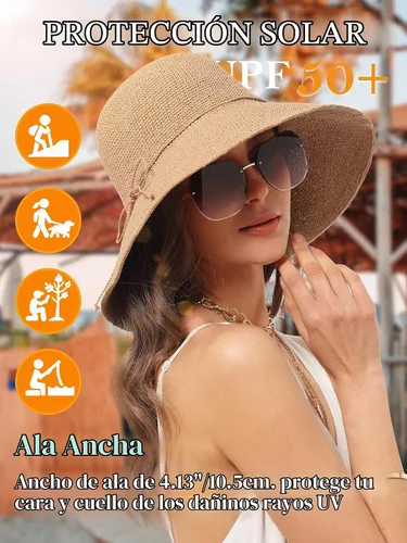 Vista 6 de Sombrero de paja para mujer, ala ancha, plegable, protección UV, gorra de verano para playa, UPF 50+ Caqui