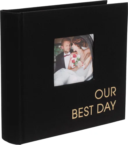 Vista 2 de Malden International Designs 1 Up 4x6 Our Best Day Álbum de fotos de tela negra con áreas de escritura de notas, tapa dura, 3 x 3 pulgadas, cubierta