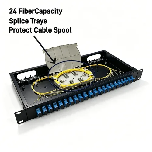 Vista 7 de Caja de montaje en rack SC de 24 puertos + bandejas de empalme de cables de fibra Kit SC-UPC monomodo