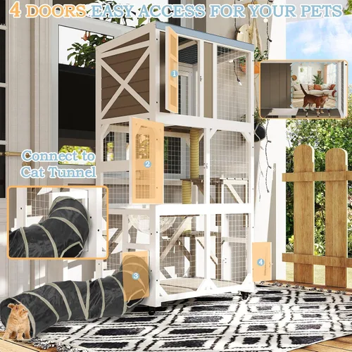 Vista 4 de Ketive Catio grande de madera para exteriores de 64", casa para gatos de ventana con ruedas y 3 plataformas, jaula para gatitos con techo resistente
