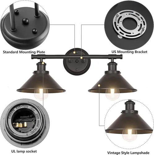Vista 3 de Aplique de pared negro de 2 luces, aplique de pared de baño de granja sobre el espejo, luces industriales rústicas de tocador de baño