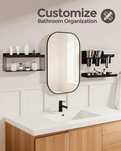 Vista 4 de Puricon Estantes flotantes de baño con soporte para secador de pelo, juego de organizadores de madera rústica de 3 niveles montados en la pared