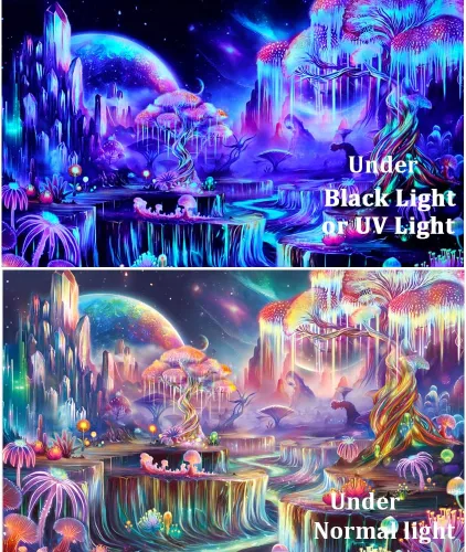 Vista 4 de Obsecolors - Tapiz de luz negra con árbol de la vida de fantasía, tapiz reactivo a los rayos UV, tapices del espacio galáctico, tapices de plantas