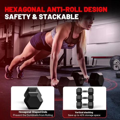 Vista 4 de Hex Dumbbell Set 2.5-100lb, Rubber Grip Dumbbells, Home Gym Complete & Durable Cast Iron Core Odorless Antiroll Hex Shape Ergonomic Versatile Home