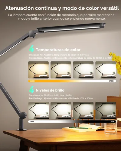 Vista 3 de Lámpara de escritorio LED con abrazadera, lámpara de escritorio de arquitecto con control remoto, luz de escritorio de brazo oscilante flexible