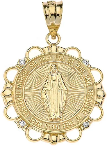 Vista 2 de Collar con colgante de medalla de diamantes milagrosos de oro de 14 quilates de la Virgen María