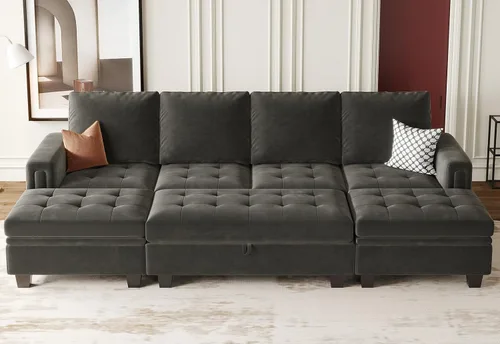 Vista 10 de Belffin Sofá cama modular convertible de terciopelo de 4 asientos con diván reversible, sofá cama seccional con almacenamiento otomano seccional
