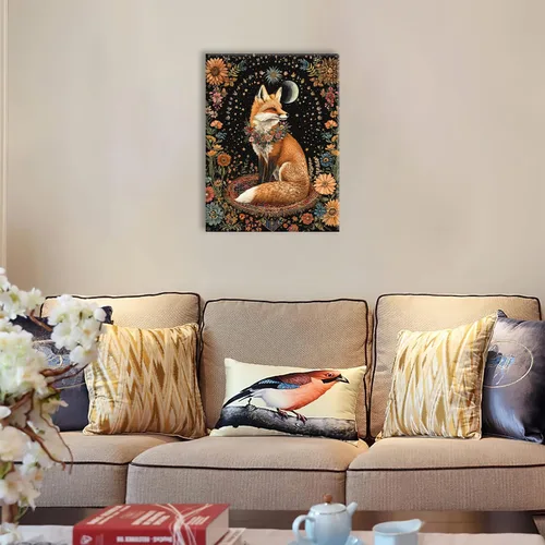 Vista 3 de Lienzo decorativo para pared, diseño de zorro, diseño bohemio de animales para cocina, sala de estar, dormitorio, baño, oficina, zorros, pintura
