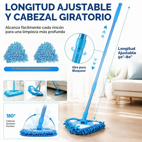 Vista 8 de Trapeador de limpieza triangular ajustable giratorio de 180°, mopas húmedas y secas con mango largo extensible, trapeador de limpieza con 2 Azul