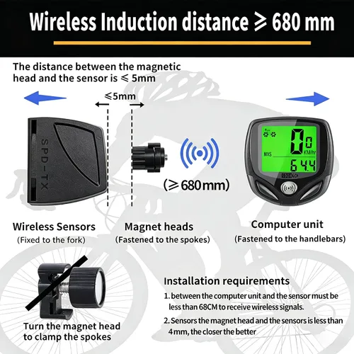 Vista 5 de Computadora inalámbrica para bicicleta con velocímetro, podómetro. Multifuncional con pantalla grande LCD retroiluminada