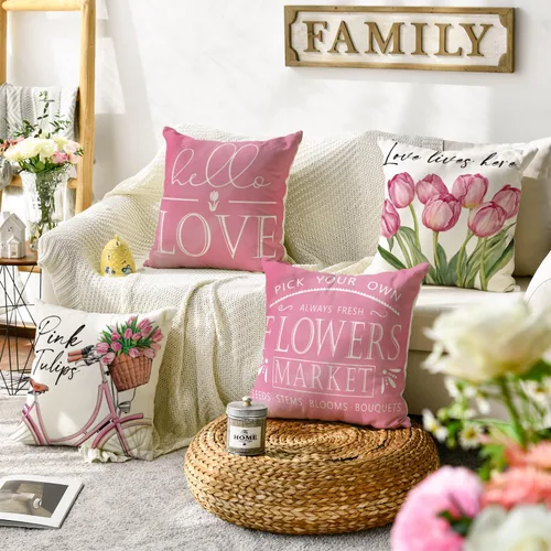 Vista 2 de AVOIN colorlife Hello Love - Juego de 4 fundas de almohada para bicicleta, diseño de tulipanes rosados, 16 x 16 pulgadas, diseño de flores