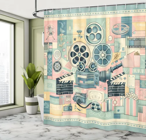 Vista 2 de Ambesonne Cortina de ducha para amantes del cine, obra de arte cinéfilo de película retro con ruedas y tablilla, juego de decoración de baño de tela