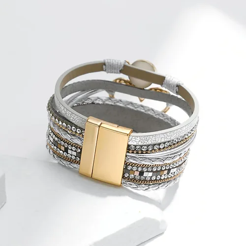 Vista 6 de Fesciory - Pulsera de leopardo para mujer, estilo bohemio de cuero multicapa con perlas de cristal