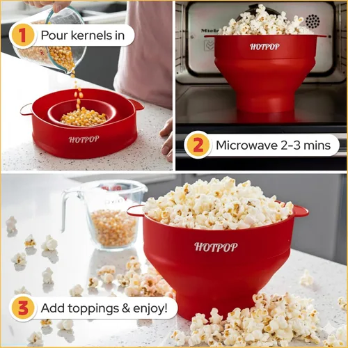 Vista 4 de The Orginal HOTPOP - Máquina para hacer palomitas de maíz de silicona, para microondas con asas, cuenco plegable, resistente al calor, fácil