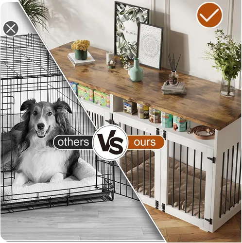 Vista 3 de Jaula para perros de 72 pulgadas para 2 perros, jaula de madera para perros con compartimento de almacenamiento, perrera de interior con 4 puertas