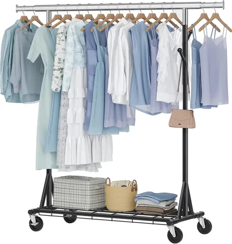 Vista 12 de Hoctieon Perchero de doble varilla de montaje en 2 minutos, estante resistente para ropa con ruedas, plegable para uso comercial, barra extensible