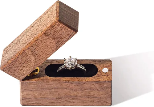 Vista 4 de Wislist Caja de anillos de compromiso de madera pequeña y delgada para propuestas boda madera de nogal