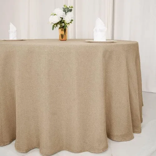 Vista 6 de Balsa Circle Mantel redondo natural de arpillera sintética de 108 pulgadas para bodas, recepciones, fiestas, eventos, catering