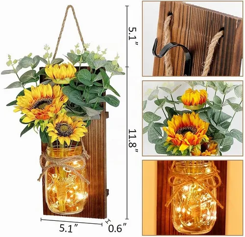 Vista 4 de OurWarm Juego de dos apliques de pared de girasol, apliques de tarro de masón, decoración de pared de granja viene con control remoto y luces LED