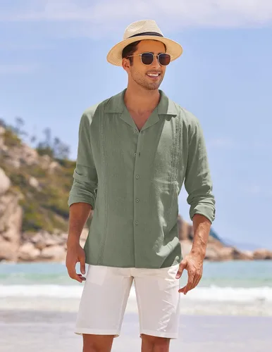 Vista 4 de COOFANDY Mens Linen Shirt Casual Cuban Guayabera Long Sleeve Button Down Beach Shirts