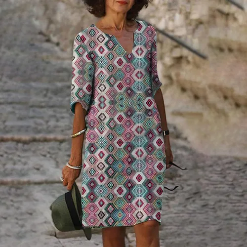 Vista 2 de Vestidos de verano para mujer Casual Floral Print Longitud de la rodilla Media manga V cuello vestido sin mangas T Shirt Vestidos Midi Vestido