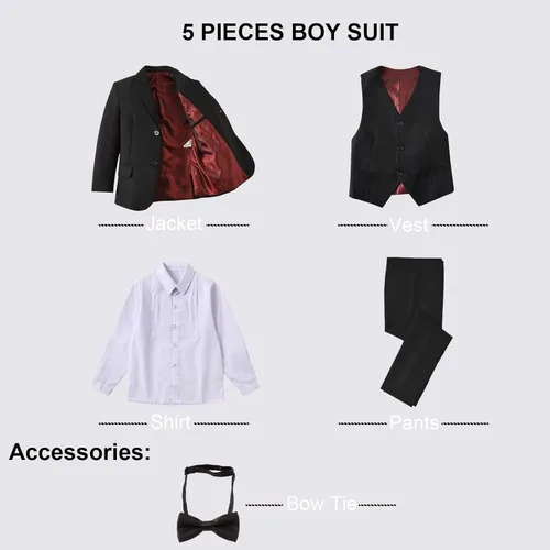 Vista 4 de Traje formal de 5 piezas con cintura ajustable para niños, para boda, baile de graduación