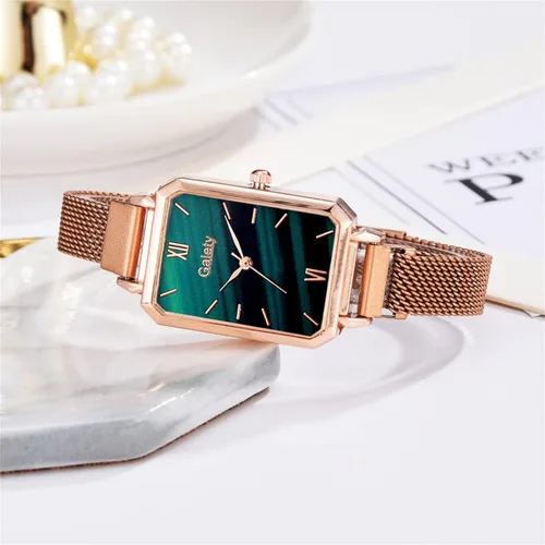 Vista 4 de CdyBox Reloj de pulsera para mujer, correa de malla de aleación, pequeño, verde, conjunto de pulsera de cuarzo con cabeza cuadrada