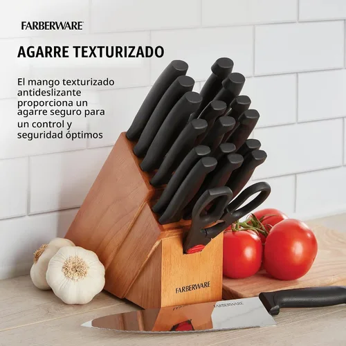 Vista 5 de Farberware Never Needs Sharpening - Juego de bloques de cuchillos de acero inoxidable de alto carbono con asas antideslizantes, 18 piezas