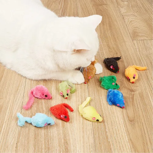 Vista 2 de 12 piezas de juguetes de ratón para gatos, juguetes de ratones de felpa sintética para gatos con cuerpo de plástico, juguetes interactivos de hierba