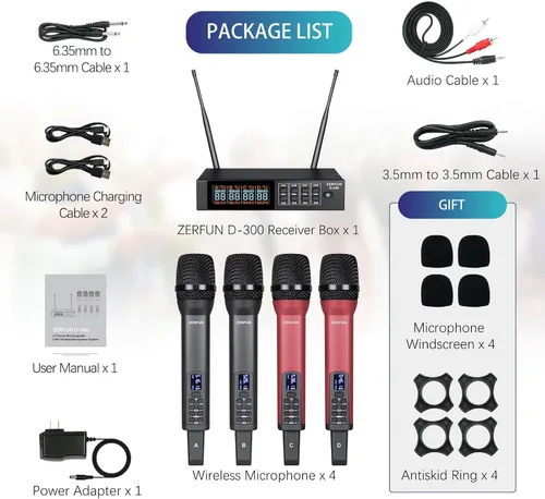 Vista 7 de Sistema de micrófono inalámbrico recargable de 4 canales Pro, micrófonos inalámbricos de mano UHF con control VOL Echo Treble BASS, pantalla LCD