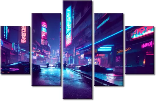 Vista 275 de Cuadros de 5 paneles de Cyberpunk City, arte de pared, representación de vallas publicitarias, edificios modernos en la capital con obras de arte