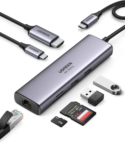 Vista 8 de UGREEN Revodok - Hub USB C 7 en 1 con adaptador Gigabit Ethernet, HDMI 4K@60Hz, carga PD de 100W, puertos de datos USB A, lector de tarjetas SD/TF
