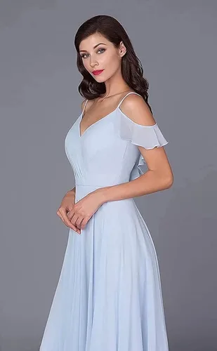 Vista 5 de kidadndy Vestido de dama de honor con cuello en V para mujer manga larga con volantes vestido formal de noche boda fiesta con abertura