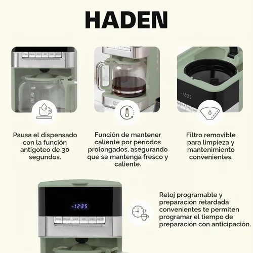Vista 3 de Haden Cafetera programable de 12 tazas con función de apagado automático y filtro de agua lavable reutilizable, verde y cromado Cedro verde