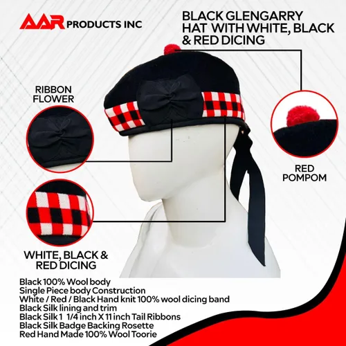 Vista 23 de AAR Gorros Glengarry Balmoral Kilt Scottish para hombre en dados y lisos 100% lana Piper 52-62