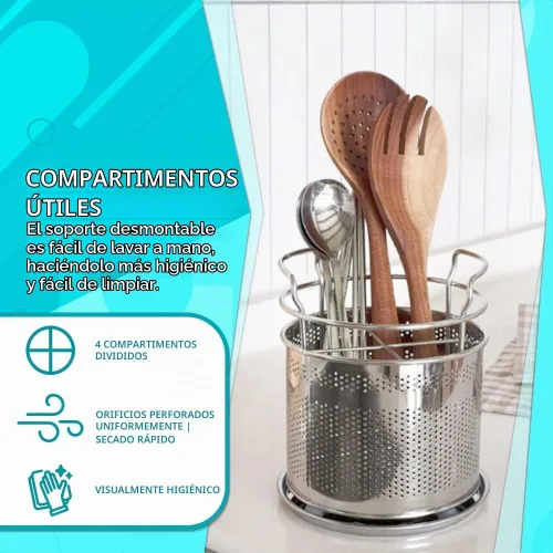 Vista 2 de Cesta de secado de cubiertos de acero inoxidable para escurridor de platos, soporte para utensilios de 4 compartimentos con tabla de drenaje