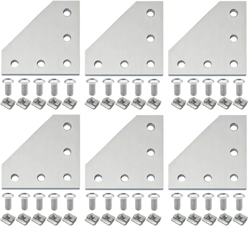 Vista 13 de 10 piezas 2020 placa de unión de soporte de esquina en forma de L, conector de extrusión de aluminio de 5 agujeros con 50 tuercas en T, 50 tornillos