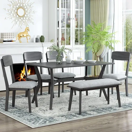 Vista 28 de Juego de mesa de comedor de madera de 6 piezas, juego de mesa de cocina con rectangular, juego de mesa de comedor con banco tapizado y 4 sillas