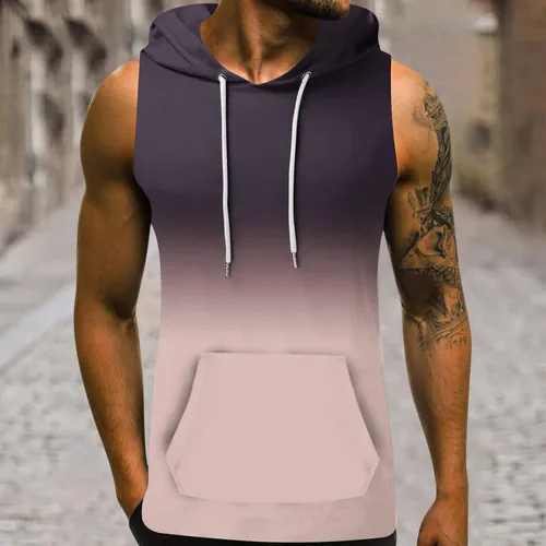 Vista 2 de KCaHFO Men's Workout Hooded Tank Tops Summer Bodybuilding Muscle Shirt Sleeveless Gym Training Hoodies with Pocket