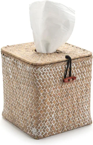 Vista 10 de Cubierta de caja de pañuelos cuadrada de Seagrass tejido para servilletas decorativa para baño estilo granja (café, 14 x 14 x 14 cm)