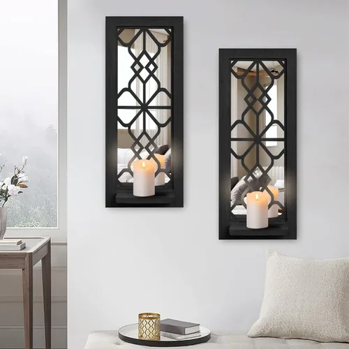 Vista 11 de ZEXUIRU Juego de 2 candelabros rústicos para sala de estar, dormitorio, entrada, espejo de madera, granja, marco tallado para montaje en pared
