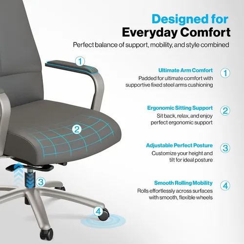 Vista 3 de NBF Silla de oficina giratoria ergonómica con respaldo alto y asiento tapizado Gris