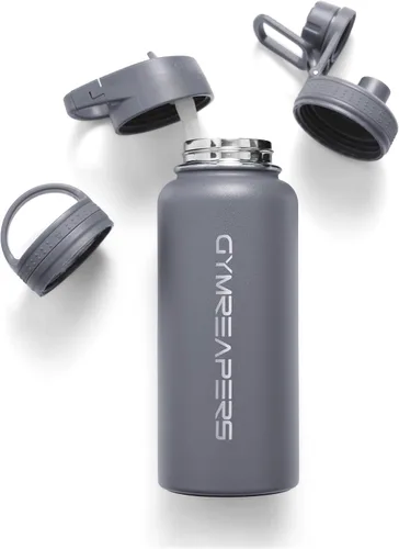 Vista 11 de Gymreapers Botella de agua aislada - Acero inoxidable 32 oz, 3 tapas (pajita, trago, cantimplora), aislamiento al vacío de doble pared, taza térmica