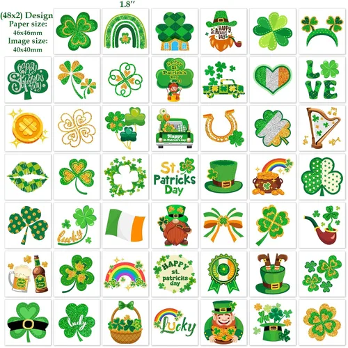 Vista 3 de HOWAF 96 tatuajes temporales del día de San Patricio, calcomanías de tatuaje de trébol con purpurina para decoraciones de fiesta irlandesa, tatuajes