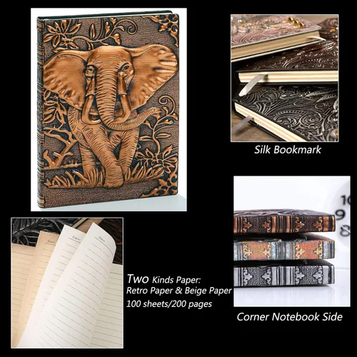 Vista 3 de Diario de Cuero Vintage con Elefante 3D con Juego de Bolígrafos, Libreta Diaria de Cuero Antiguo Hecha a Mano, Cuaderno de Bocetos, Diario de Viaje